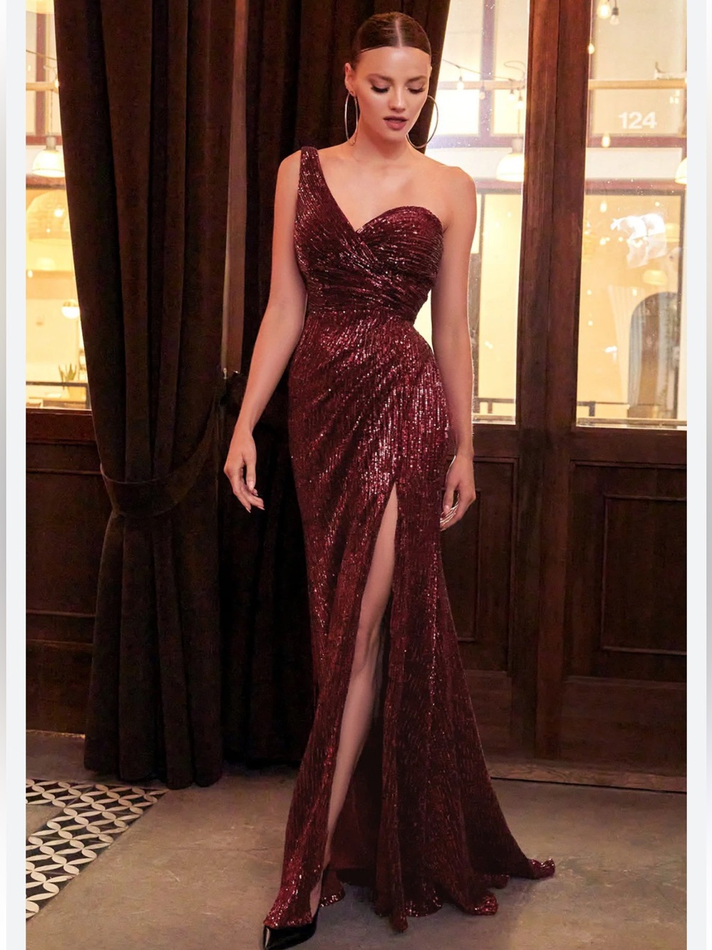 Cinderella Divine One Shoulder Sequin Burgundy Red Formal Gown NWT XL